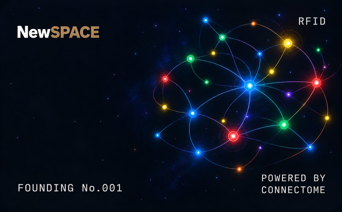 Connectome × NewSPACE 創始節點卡：深色星空卡面，NewSPACE 字樣、彩色人脈星圖、FOUNDING No.001、POWERED BY CONNECTOME